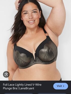 Lane Bryant Black Gold Foil V-Wire Lightly Lined Balconette NWT Bra 42D